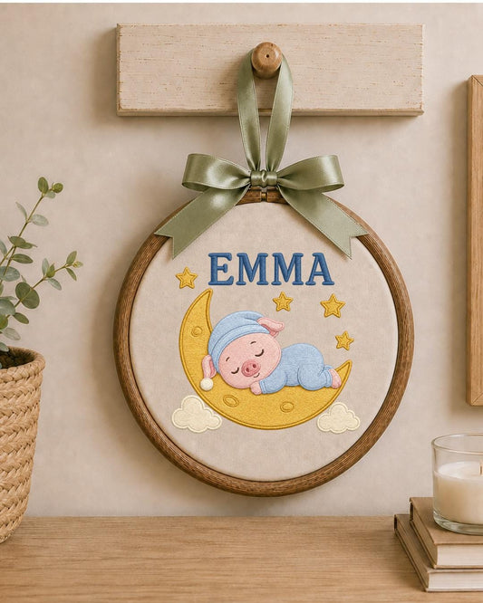 Personalized Embroidered Pig Ornament, Custom Baby Name Hoop, Sleeping Pig Moon Nursery Decor, Baby Girl Gift, Newborn Keepsake