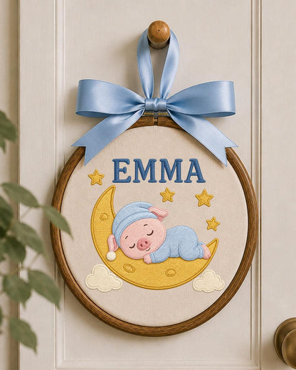 Personalized Embroidered Pig Ornament, Custom Baby Name Hoop, Sleeping Pig Moon Nursery Decor, Baby Girl Gift, Newborn Keepsake