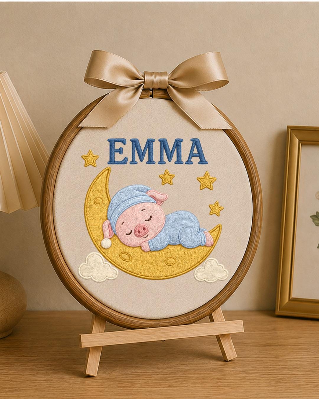 Personalized Embroidered Pig Ornament, Custom Baby Name Hoop, Sleeping Pig Moon Nursery Decor, Baby Girl Gift, Newborn Keepsake