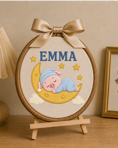 Personalized Embroidered Pig Ornament, Custom Baby Name Hoop, Sleeping Pig Moon Nursery Decor, Baby Girl Gift, Newborn Keepsake