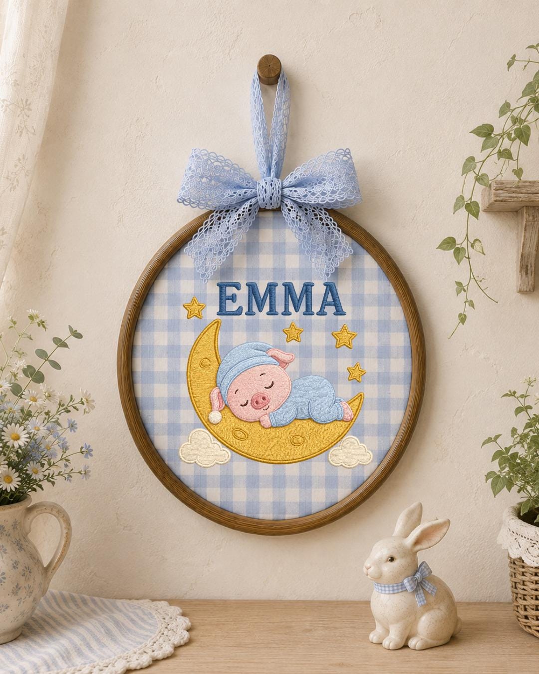 Personalized Embroidered Pig Ornament, Custom Baby Name Hoop, Sleeping Pig Moon Nursery Decor, Baby Girl Gift, Newborn Keepsake
