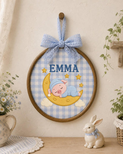 Personalized Embroidered Pig Ornament, Custom Baby Name Hoop, Sleeping Pig Moon Nursery Decor, Baby Girl Gift, Newborn Keepsake