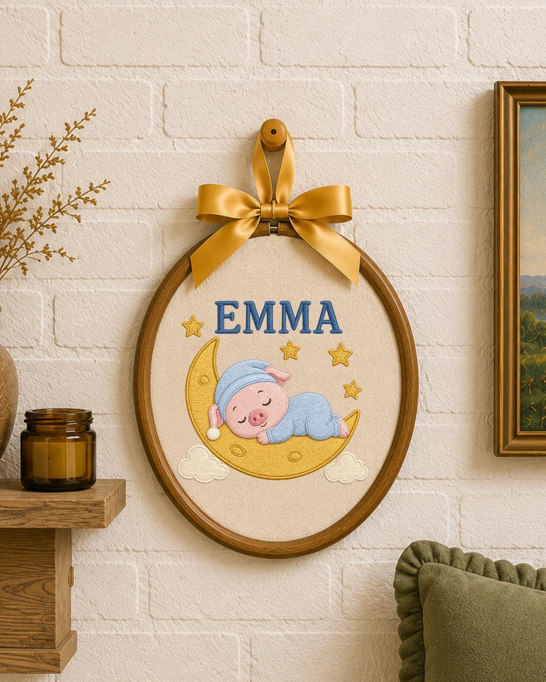 Personalized Embroidered Pig Ornament, Custom Baby Name Hoop, Sleeping Pig Moon Nursery Decor, Baby Girl Gift, Newborn Keepsake
