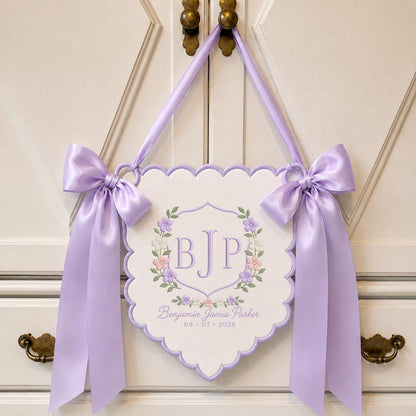 Personalized Baby Boy Monogram Scalloped Banner Decor, Custom Embroidered Name Date Initial Wall Hanging Sign, Hospital Door Hanger