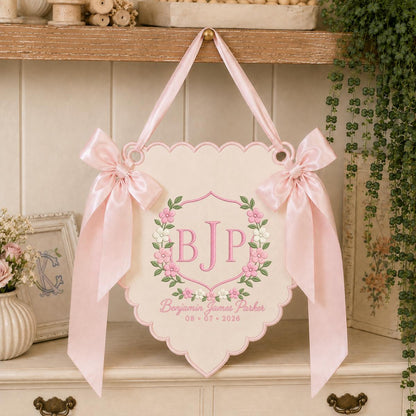 Personalized Baby Boy Monogram Scalloped Banner Decor, Custom Embroidered Name Date Initial Wall Hanging Sign, Hospital Door Hanger
