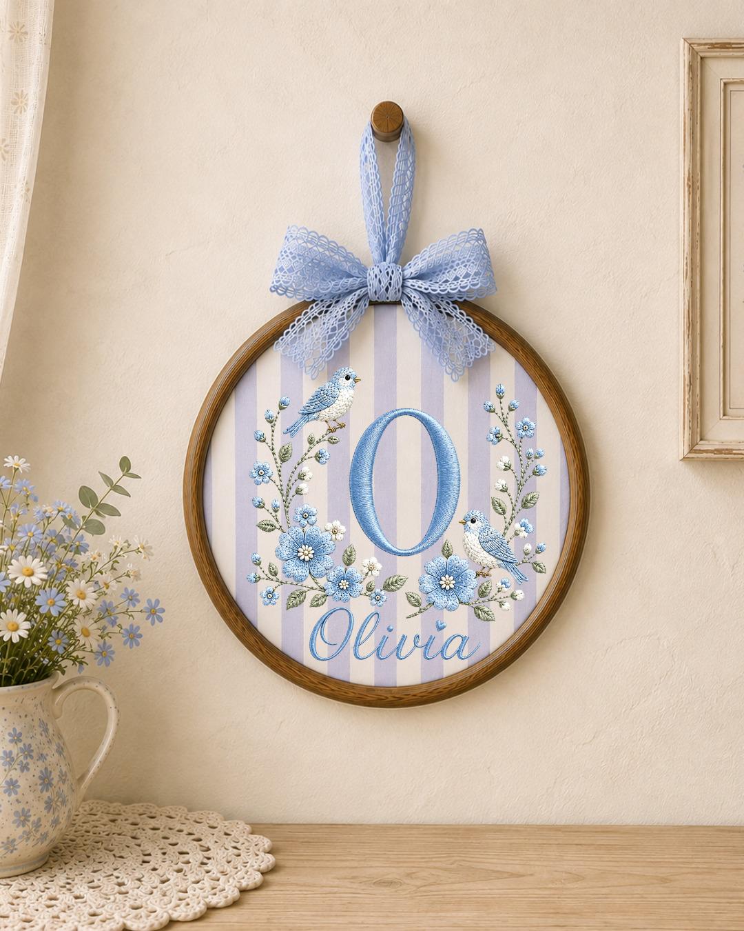 Personalized Monogram Embroidered Ornament, Custom Initial Baby Name Hoop, Blue Floral Bird Nursery Decor, Baby Girl Gift, Newborn Keepsake