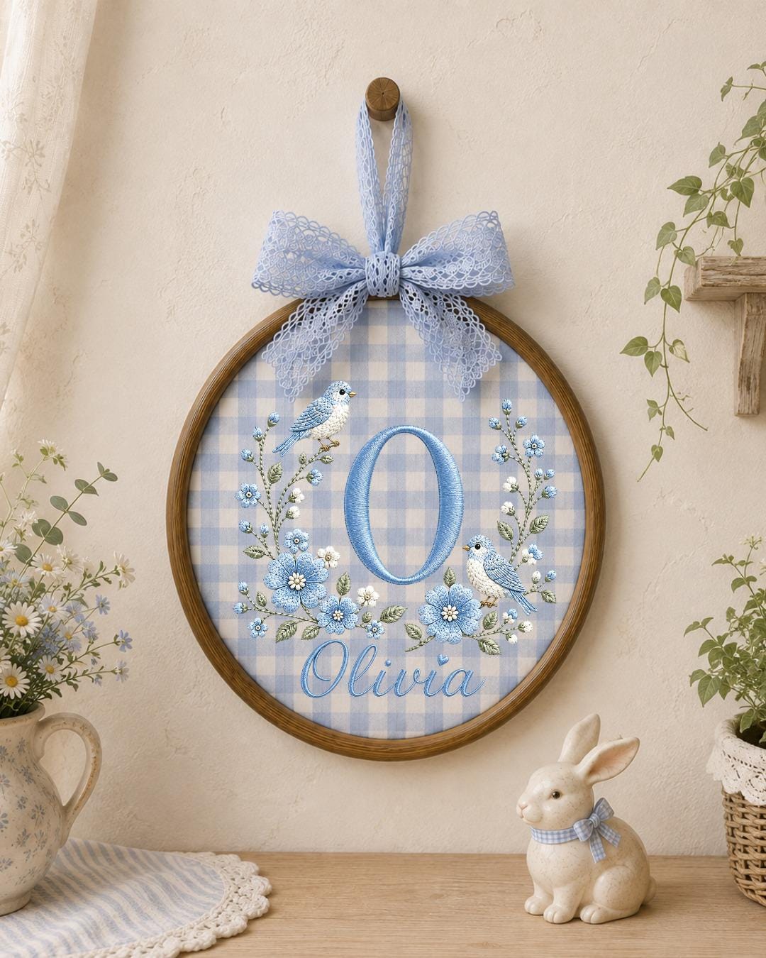 Personalized Monogram Embroidered Ornament, Custom Initial Baby Name Hoop, Blue Floral Bird Nursery Decor, Baby Girl Gift, Newborn Keepsake