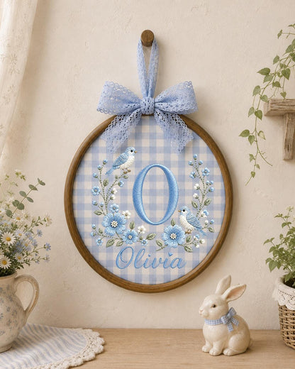 Personalized Monogram Embroidered Ornament, Custom Initial Baby Name Hoop, Blue Floral Bird Nursery Decor, Baby Girl Gift, Newborn Keepsake