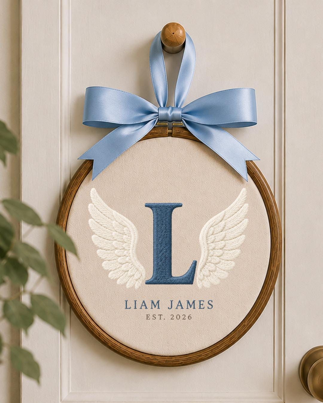 Personalized Angel Wings Embroidered Ornament, Custom Monogram Baby Name Hoop, Initial Nursery Decor, Baby Boy Gift, Newborn Keepsake
