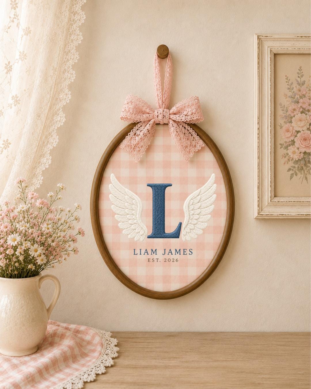 Personalized Angel Wings Embroidered Ornament, Custom Monogram Baby Name Hoop, Initial Nursery Decor, Baby Boy Gift, Newborn Keepsake