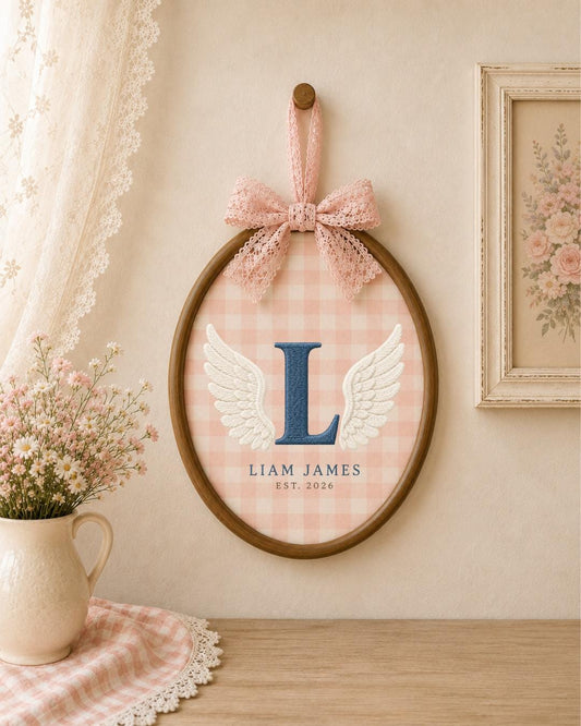Personalized Angel Wings Embroidered Ornament, Custom Monogram Baby Name Hoop, Initial Nursery Decor, Baby Boy Gift, Newborn Keepsake