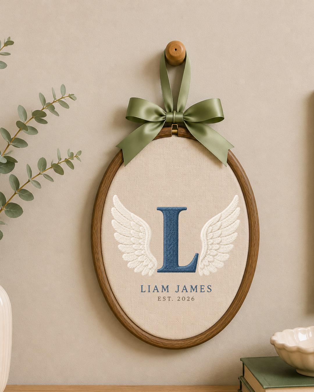 Personalized Angel Wings Embroidered Ornament, Custom Monogram Baby Name Hoop, Initial Nursery Decor, Baby Boy Gift, Newborn Keepsake