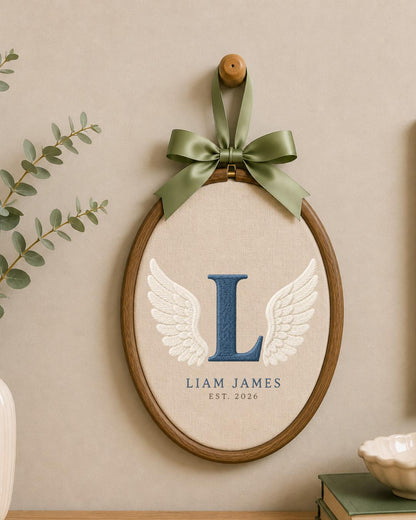 Personalized Angel Wings Embroidered Ornament, Custom Monogram Baby Name Hoop, Initial Nursery Decor, Baby Boy Gift, Newborn Keepsake