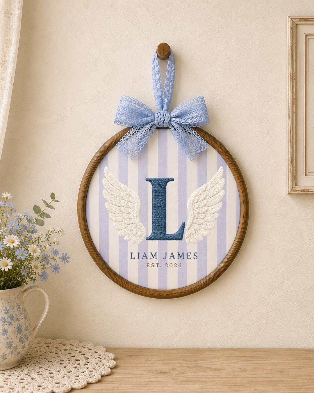 Personalized Angel Wings Embroidered Ornament, Custom Monogram Baby Name Hoop, Initial Nursery Decor, Baby Boy Gift, Newborn Keepsake