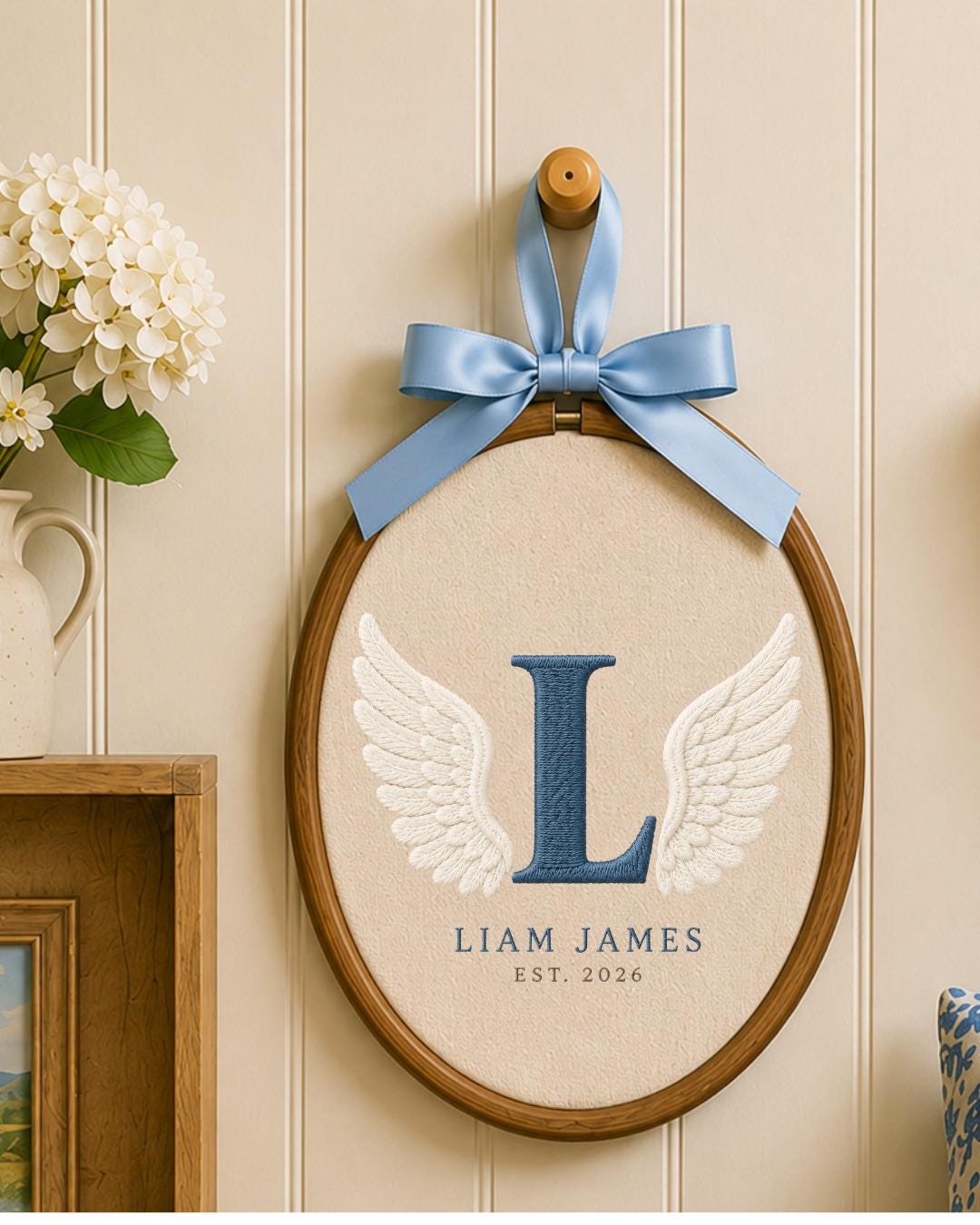 Personalized Angel Wings Embroidered Ornament, Custom Monogram Baby Name Hoop, Initial Nursery Decor, Baby Boy Gift, Newborn Keepsake