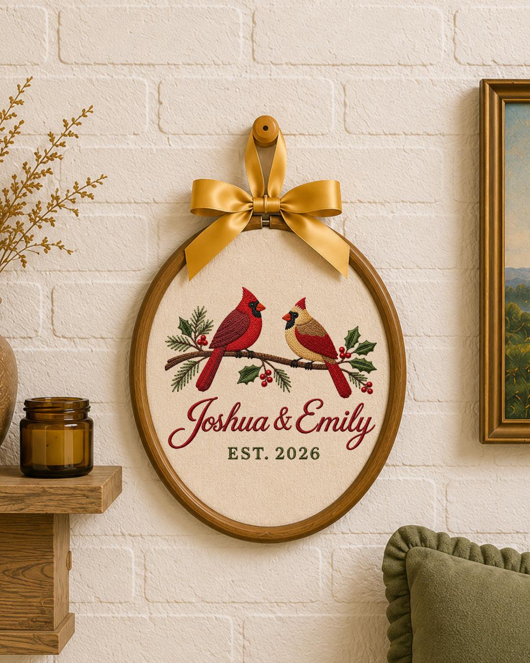 Personalized Cardinal Couple Embroidered Ornament, Custom Couple Names Hoop, Wedding Anniversary Gift, Christmas Bird Keepsake