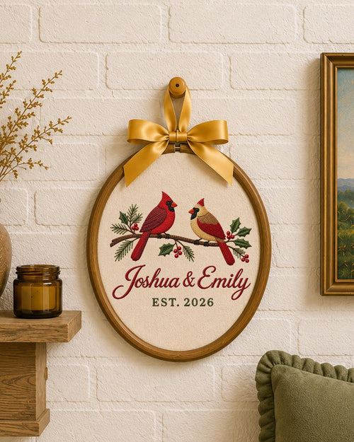 Personalized Cardinal Couple Embroidered Ornament, Custom Couple Names Hoop, Wedding Anniversary Gift, Christmas Bird Keepsake