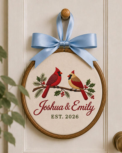 Personalized Cardinal Couple Embroidered Ornament, Custom Couple Names Hoop, Wedding Anniversary Gift, Christmas Bird Keepsake