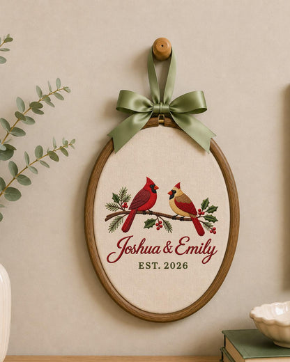 Personalized Cardinal Couple Embroidered Ornament, Custom Couple Names Hoop, Wedding Anniversary Gift, Christmas Bird Keepsake