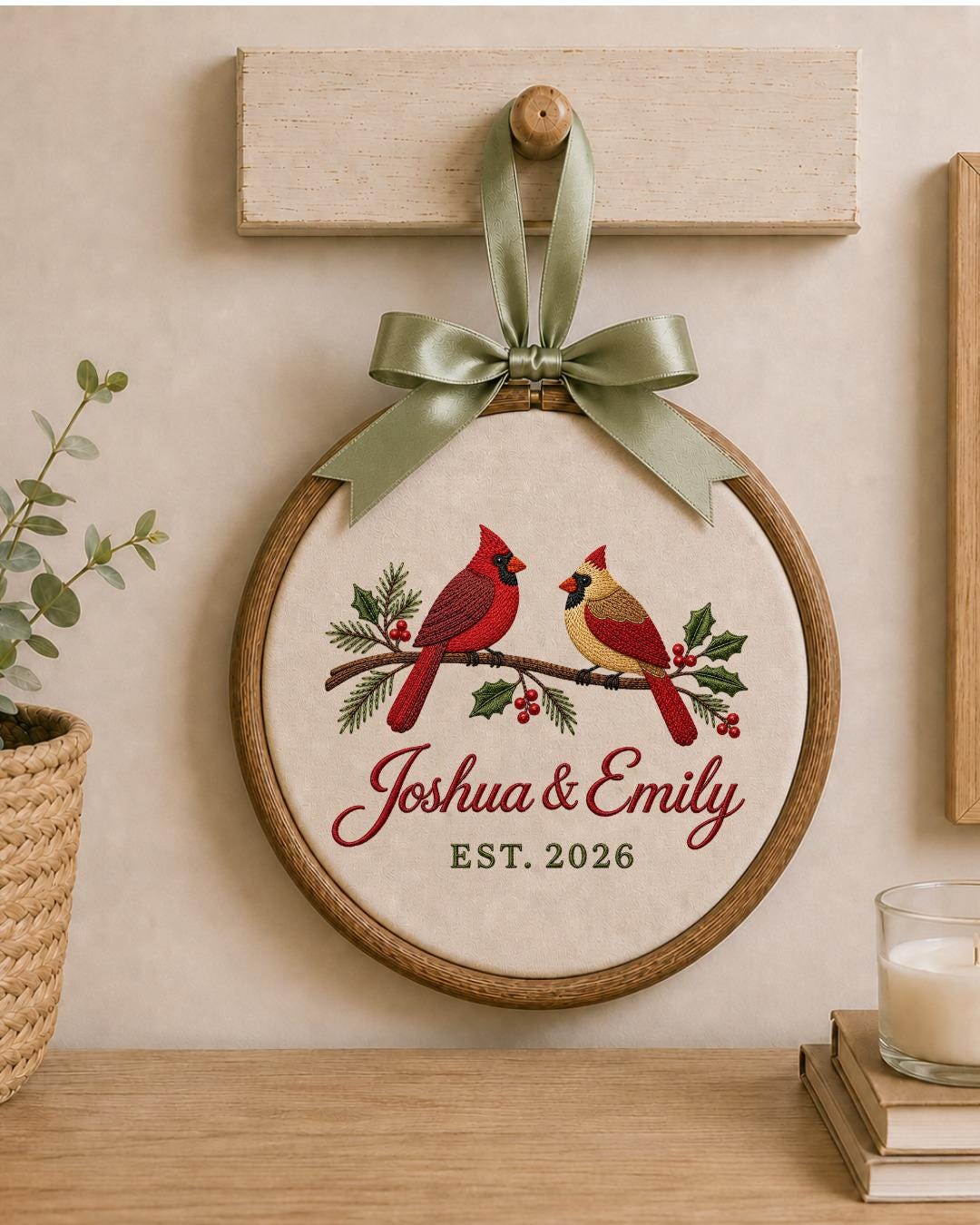 Personalized Cardinal Couple Embroidered Ornament, Custom Couple Names Hoop, Wedding Anniversary Gift, Christmas Bird Keepsake