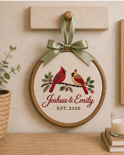 Personalized Cardinal Couple Embroidered Ornament, Custom Couple Names Hoop, Wedding Anniversary Gift, Christmas Bird Keepsake