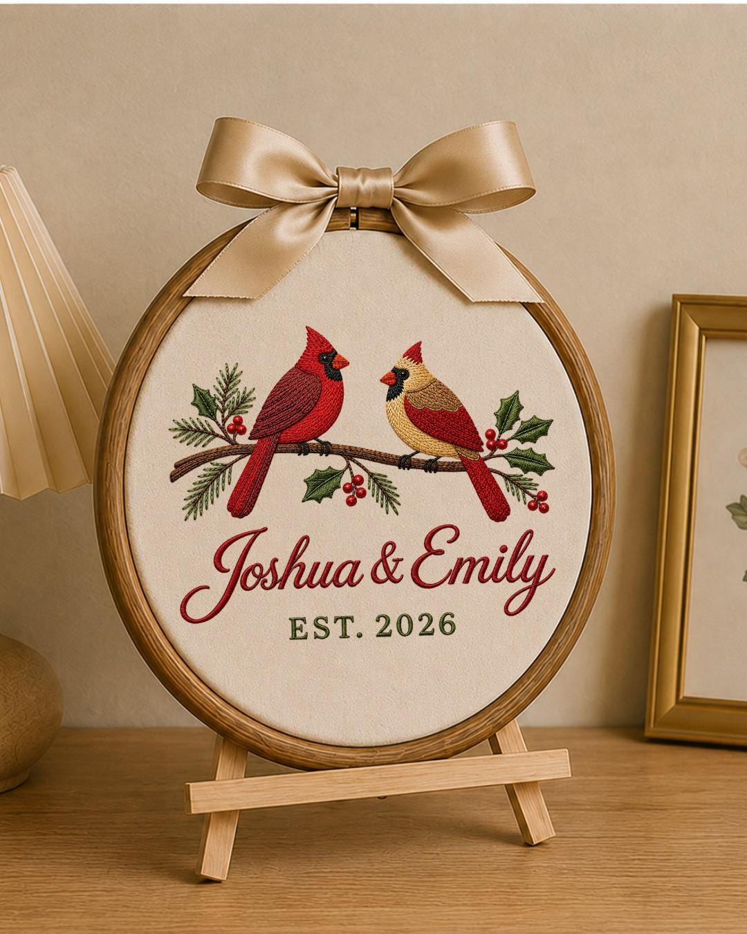 Personalized Cardinal Couple Embroidered Ornament, Custom Couple Names Hoop, Wedding Anniversary Gift, Christmas Bird Keepsake