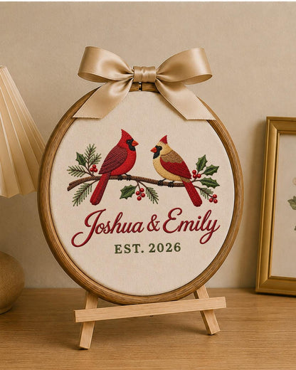 Personalized Cardinal Couple Embroidered Ornament, Custom Couple Names Hoop, Wedding Anniversary Gift, Christmas Bird Keepsake