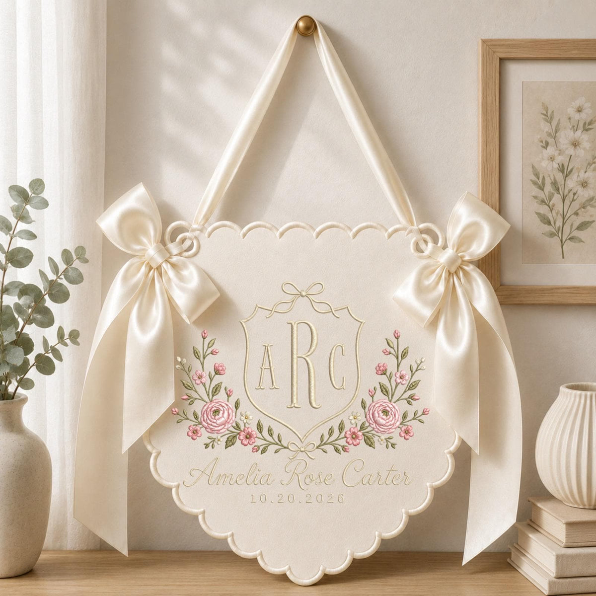 Personalized Monogram Embroidered Nursery Wall Hanging Banner, Custom Baby Name Sign, Floral Initial Decor, Baby Girl Nursery Gift