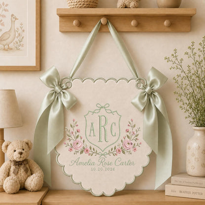 Personalized Monogram Embroidered Nursery Wall Hanging Banner, Custom Baby Name Sign, Floral Initial Decor, Baby Girl Nursery Gift