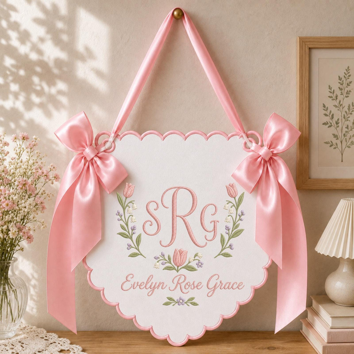 Personalized Embroidered Monogram Nursery Banner, Custom Baby Name Wall Hanging, Floral Initial Sign, Baby Girl Nursery Decor, Newborn Gift