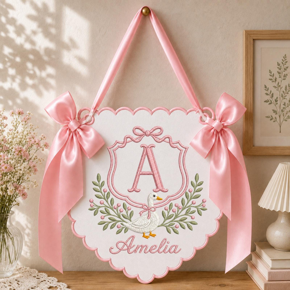 Personalized Embroidered Baby Name Banner, Goose Monogram Nursery Wall Hanging, Custom Initial Sign, Baby Girl Nursery Decor, Newborn Gift