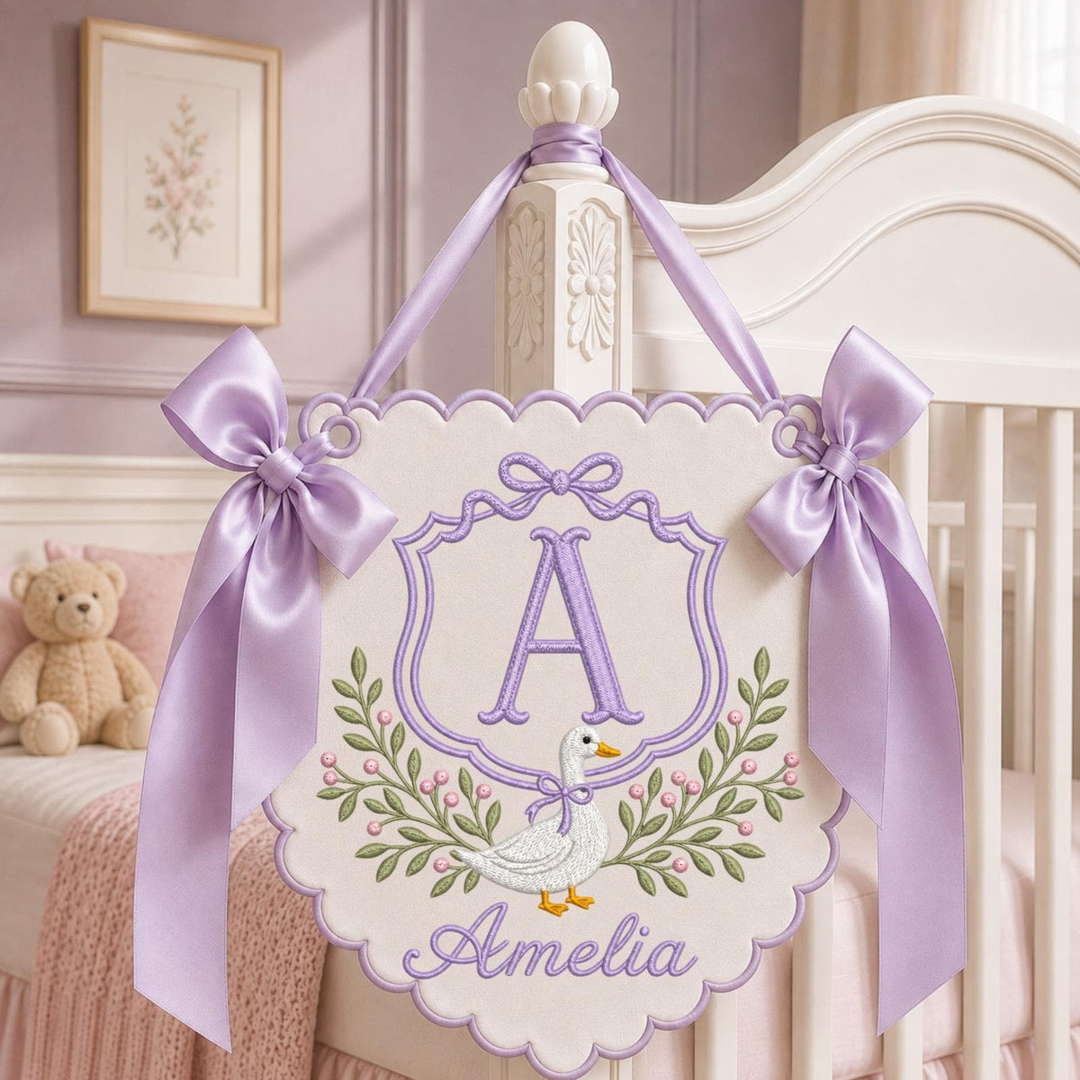 Personalized Embroidered Baby Name Banner, Goose Monogram Nursery Wall Hanging, Custom Initial Sign, Baby Girl Nursery Decor, Newborn Gift