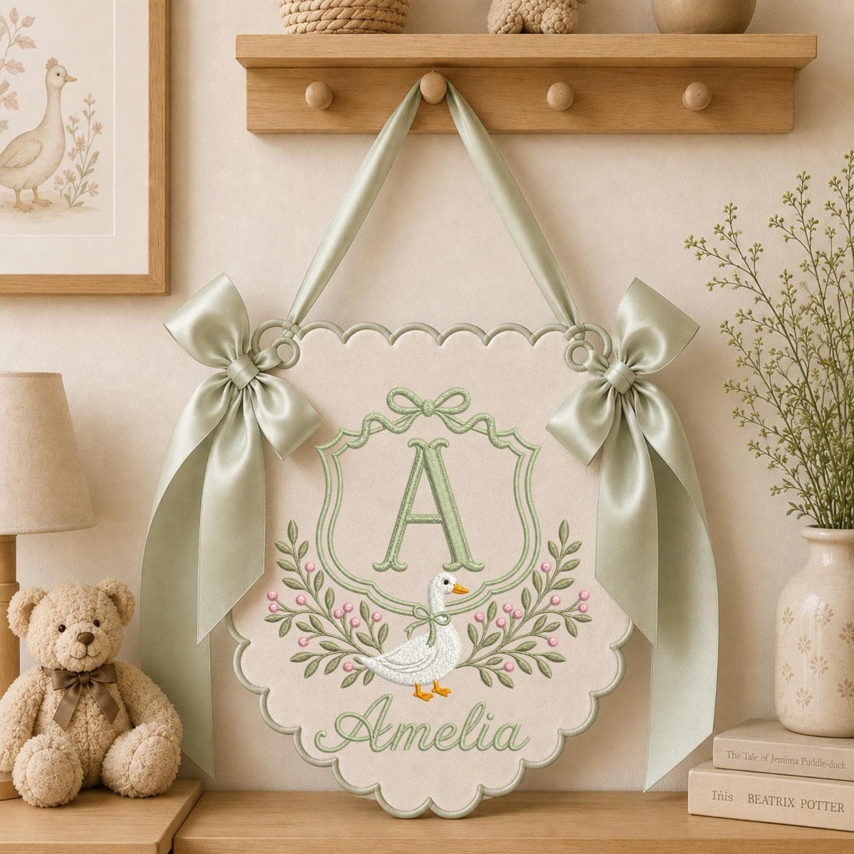Personalized Embroidered Baby Name Banner, Goose Monogram Nursery Wall Hanging, Custom Initial Sign, Baby Girl Nursery Decor, Newborn Gift