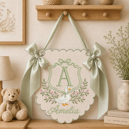 Personalized Embroidered Baby Name Banner, Goose Monogram Nursery Wall Hanging, Custom Initial Sign, Baby Girl Nursery Decor, Newborn Gift