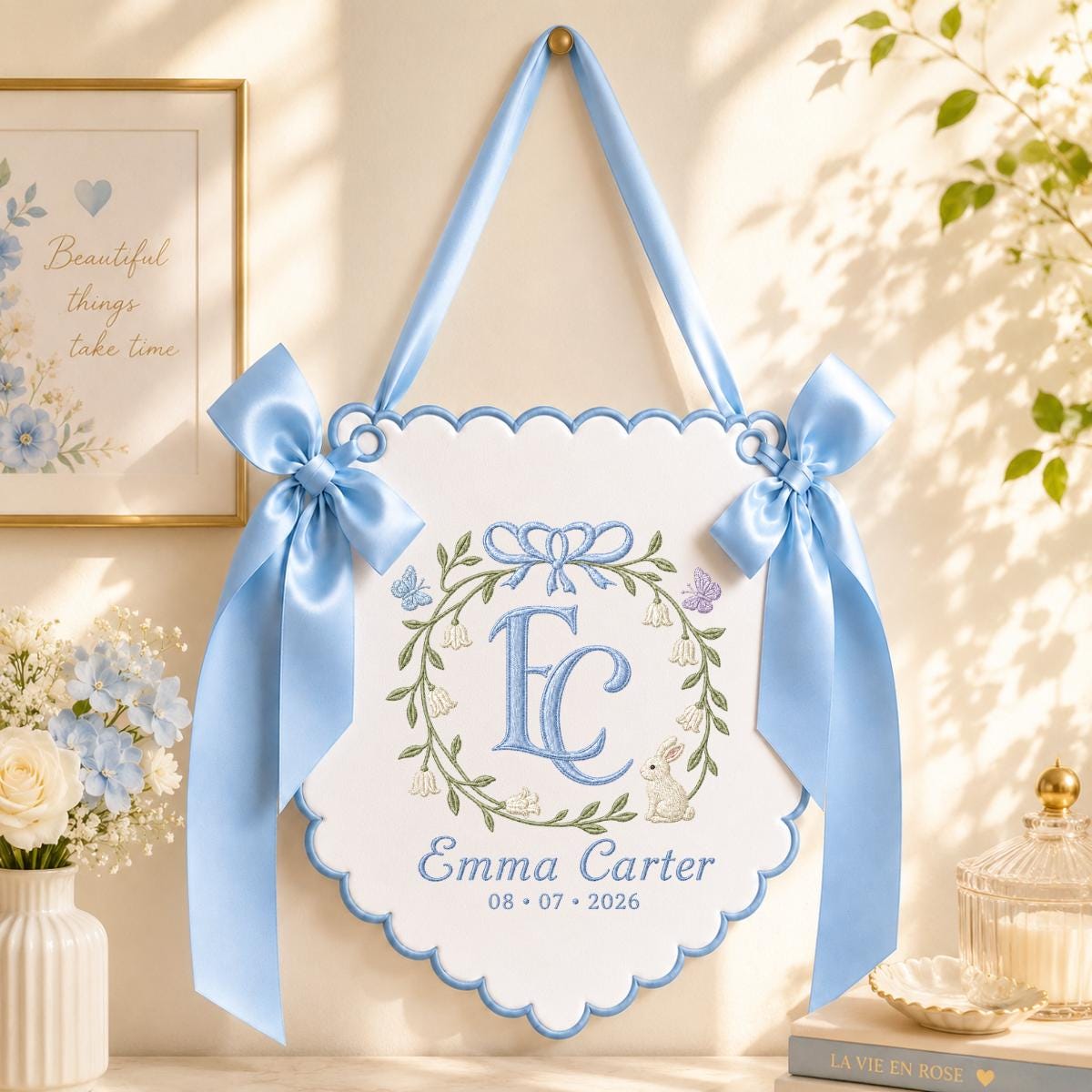 Personalized Baby Girl Monogram Scalloped Banner Decor, Custom Embroidered Name Date Initial Bunny Wall Sign, Hospital Door Hanger