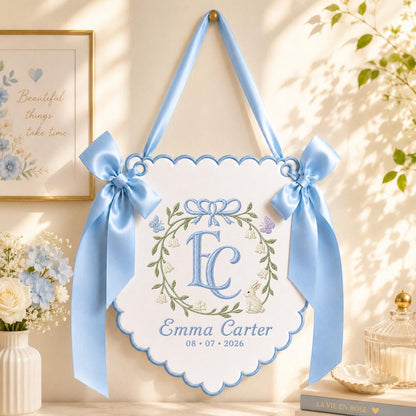 Personalized Baby Girl Monogram Scalloped Banner Decor, Custom Embroidered Name Date Initial Bunny Wall Sign, Hospital Door Hanger