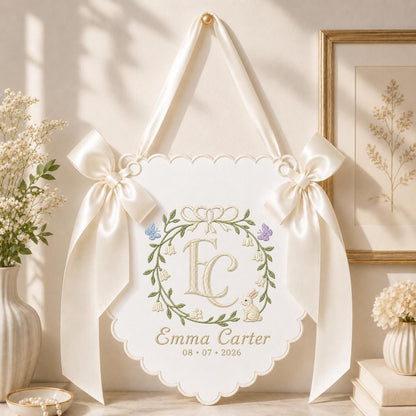 Personalized Baby Girl Monogram Scalloped Banner Decor, Custom Embroidered Name Date Initial Bunny Wall Sign, Hospital Door Hanger