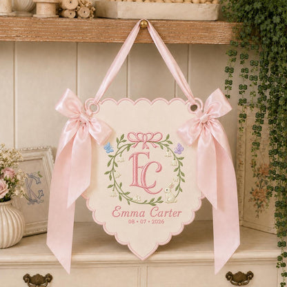 Personalized Baby Girl Monogram Scalloped Banner Decor, Custom Embroidered Name Date Initial Bunny Wall Sign, Hospital Door Hanger
