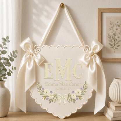 Personalized Embroidered Monogram Baby Name Banner, Custom Initial Nursery Wall Hanging, Floral Baby Girl Decor, Newborn Keepsake Gift