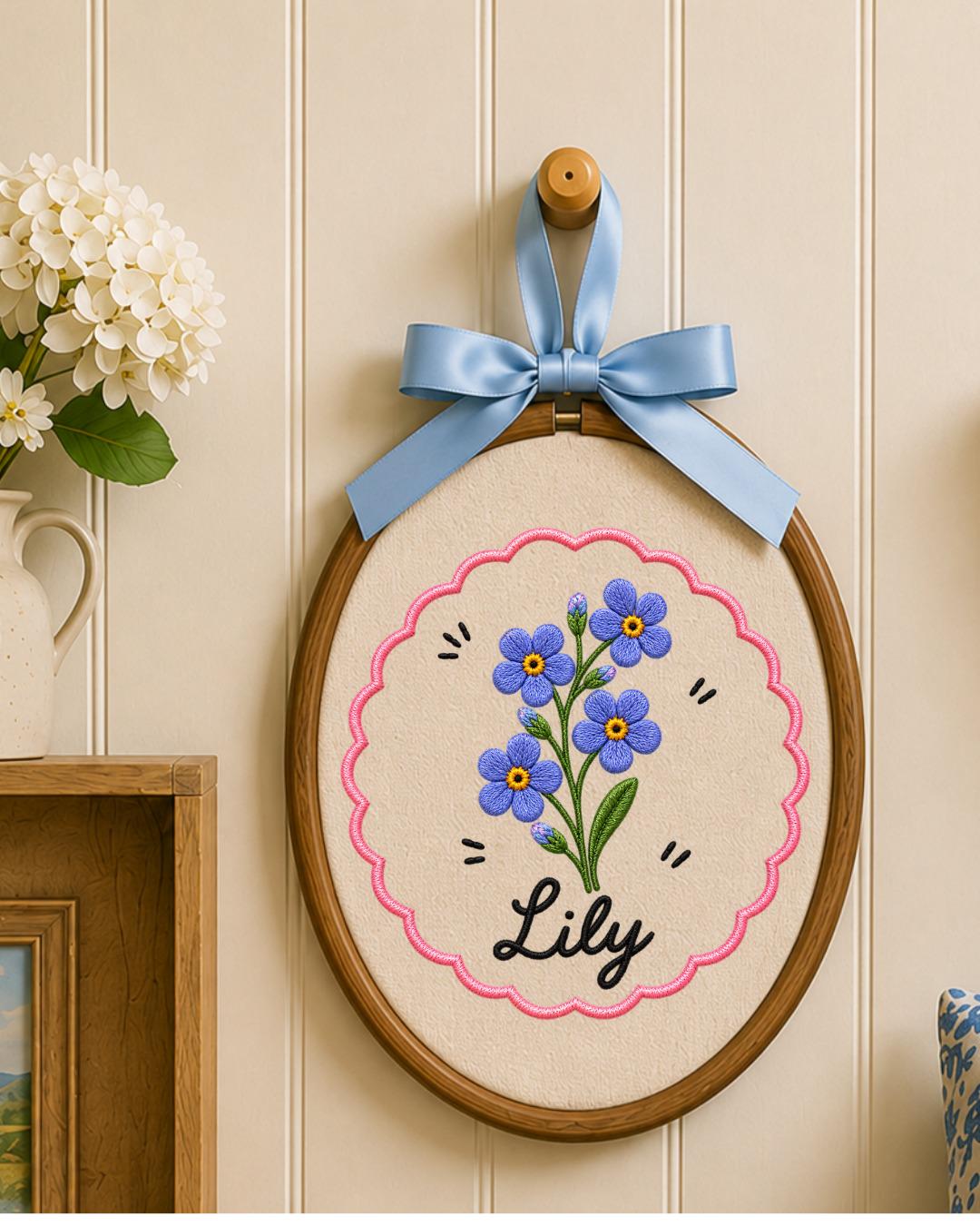 Personalized Pink Flower Embroidered Ornament, Custom Name Floral Hoop, Birth Flower Gift, Baby Girl Nursery Decor, Personalized Keepsake
