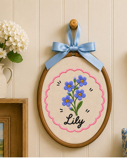 Personalized Pink Flower Embroidered Ornament, Custom Name Floral Hoop, Birth Flower Gift, Baby Girl Nursery Decor, Personalized Keepsake