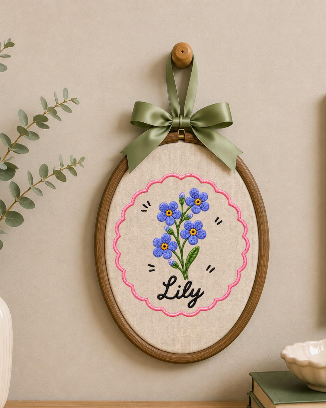 Personalized Pink Flower Embroidered Ornament, Custom Name Floral Hoop, Birth Flower Gift, Baby Girl Nursery Decor, Personalized Keepsake