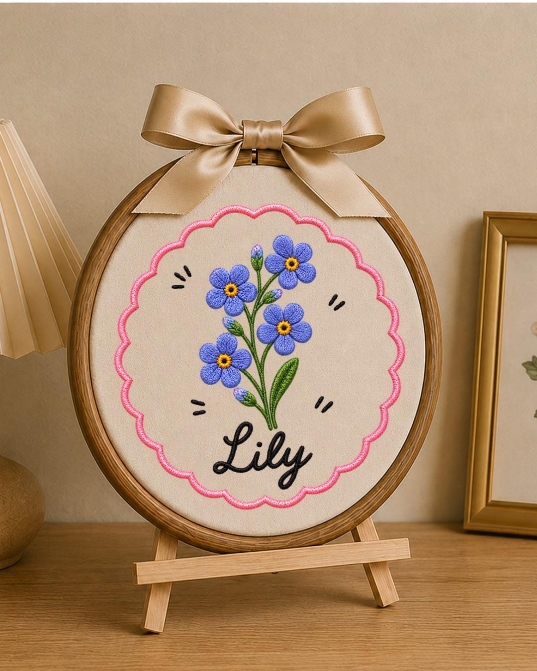 Personalized Pink Flower Embroidered Ornament, Custom Name Floral Hoop, Birth Flower Gift, Baby Girl Nursery Decor, Personalized Keepsake