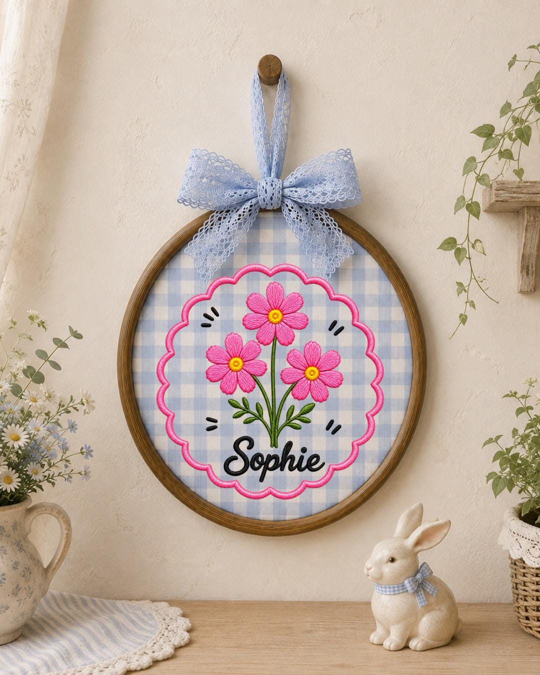 Personalized Pink Flower Embroidered Ornament, Custom Name Floral Hoop, Birth Flower Gift, Baby Girl Nursery Decor, Personalized Keepsake