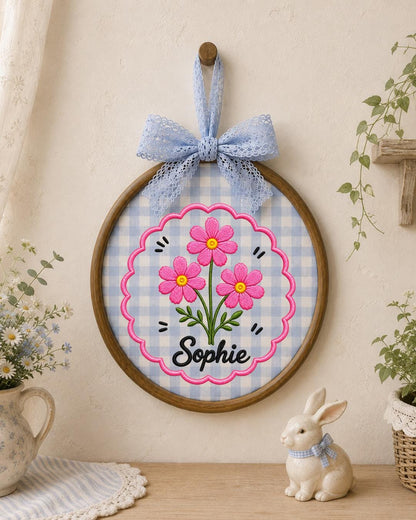 Personalized Pink Flower Embroidered Ornament, Custom Name Floral Hoop, Birth Flower Gift, Baby Girl Nursery Decor, Personalized Keepsake