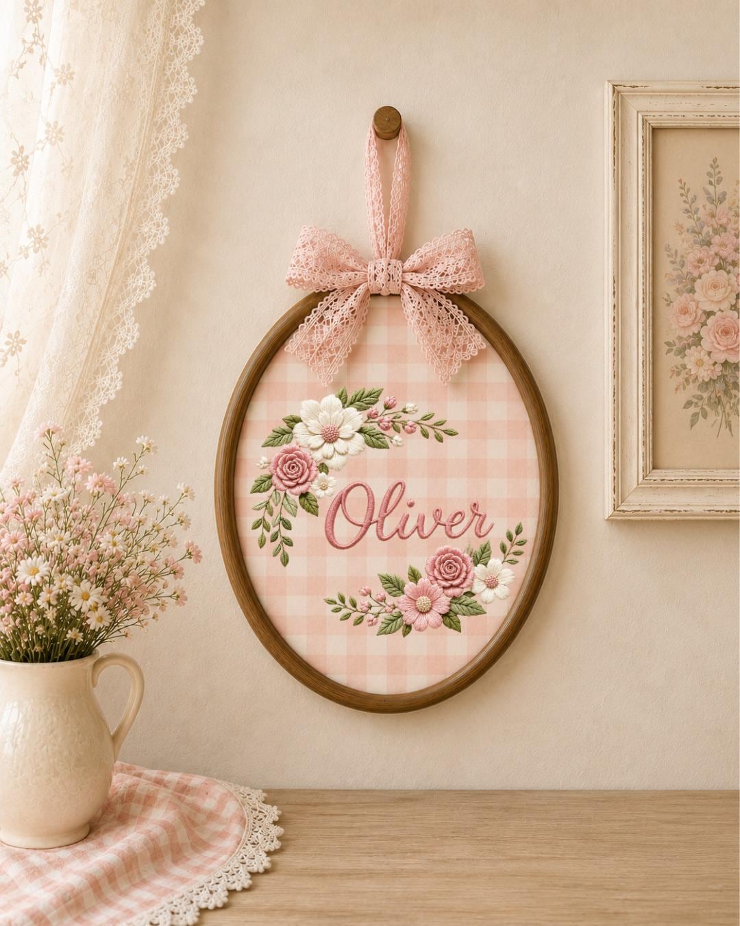 Personalized Floral Embroidered Ornament, Custom Name Hoop, Pink Rose Flower Decor, Baby Girl Nursery Gift, Personalized Keepsake