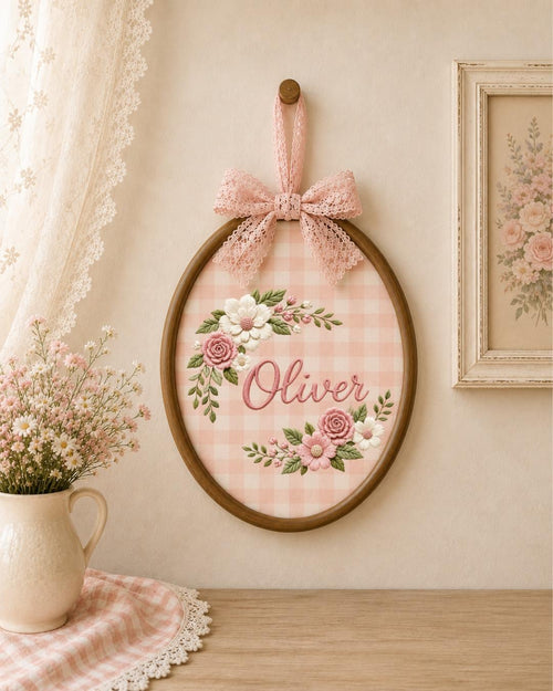 Personalized Floral Embroidered Ornament, Custom Name Hoop, Pink Rose Flower Decor, Baby Girl Nursery Gift, Personalized Keepsake