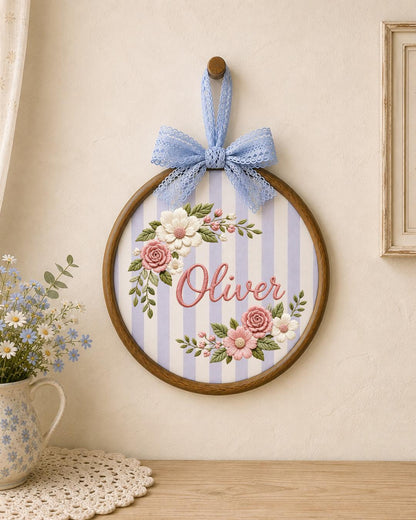 Personalized Floral Embroidered Ornament, Custom Name Hoop, Pink Rose Flower Decor, Baby Girl Nursery Gift, Personalized Keepsake