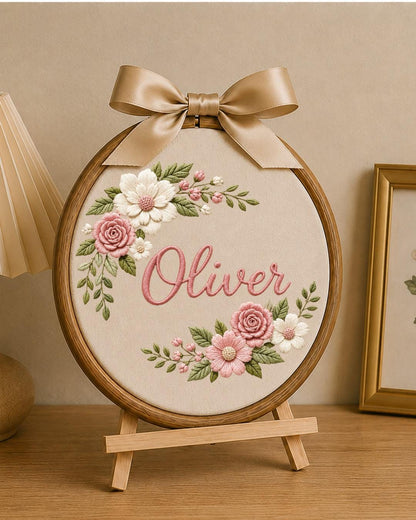 Personalized Floral Embroidered Ornament, Custom Name Hoop, Pink Rose Flower Decor, Baby Girl Nursery Gift, Personalized Keepsake