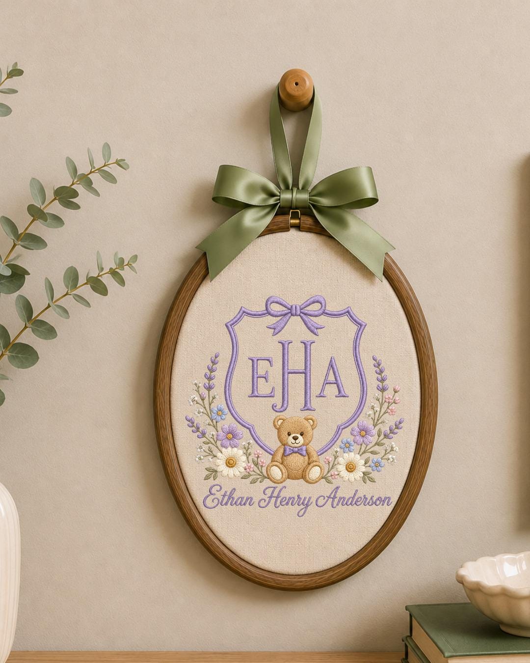 Personalized Monogram Teddy Bear Embroidered Ornament, Custom Baby Name Hoop, Floral Initial Nursery Decor, Newborn Keepsake, Baby Gift